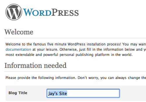 The famous five minute WordPress installation process begins