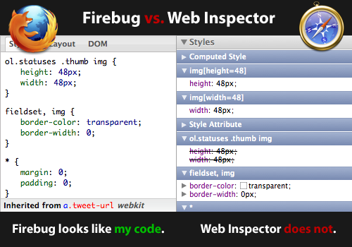 Firefox's third-party plugin Firebug vs WebKit's built-in Web Inspector