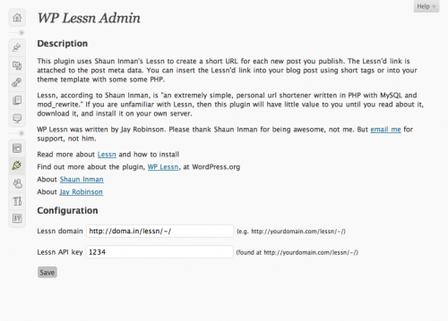 WP Lessn Admin screen